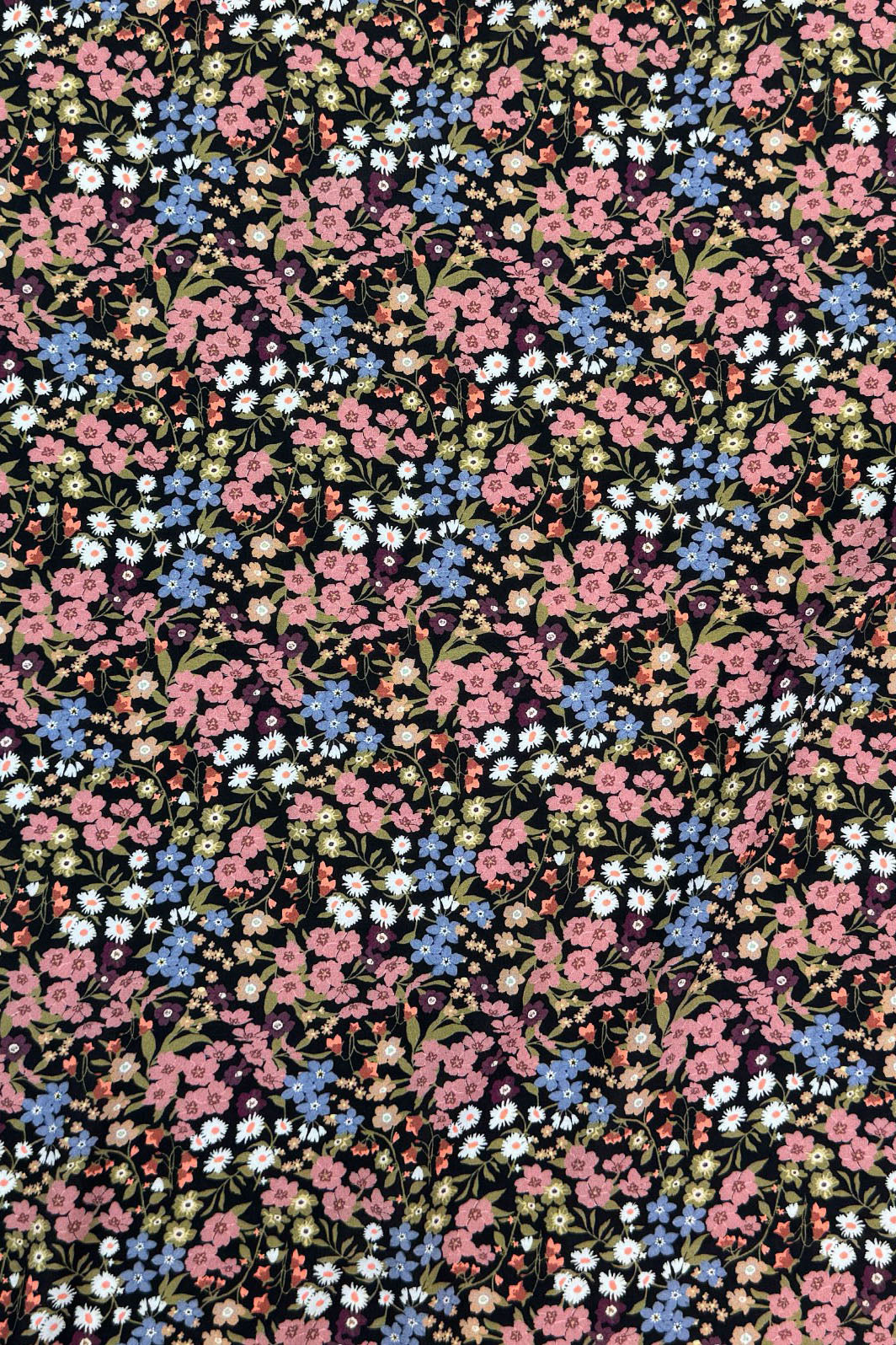 Black Challis with pink, blue, and burgundy floral patterns