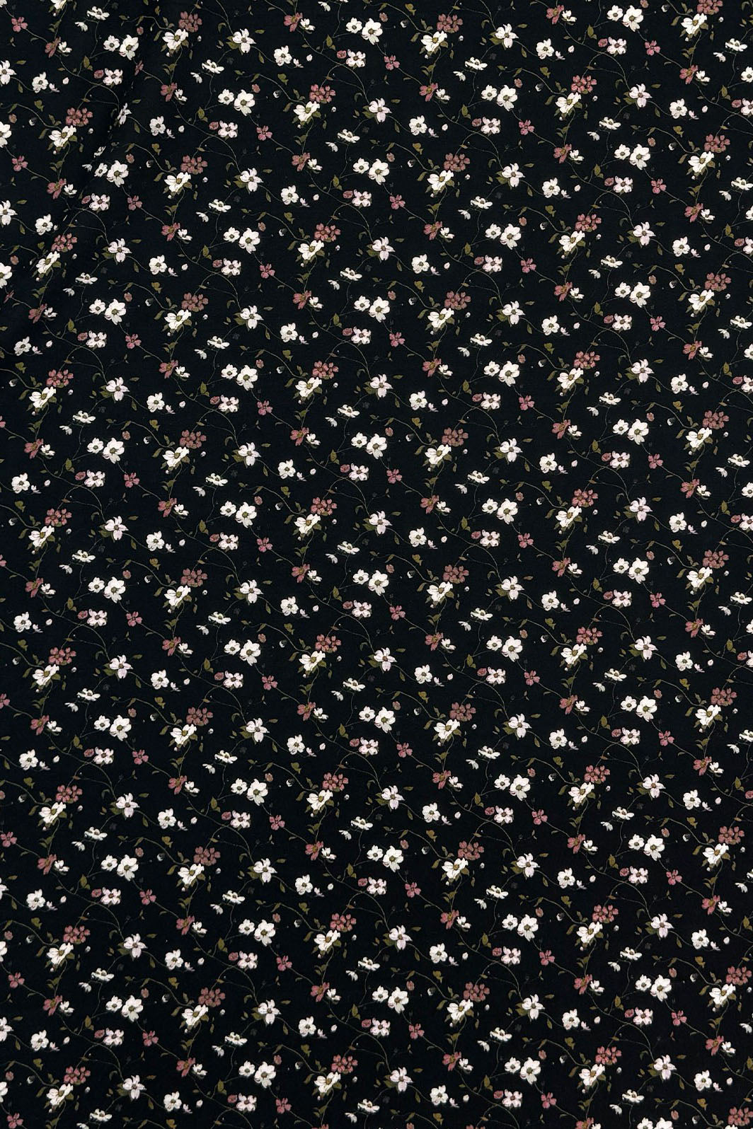 Challis noir petite fleur blanche/rose